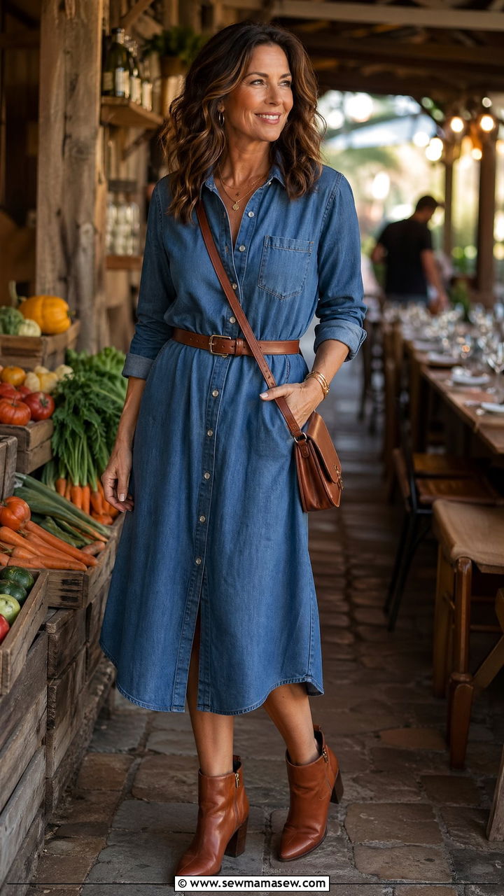 Shirtdress With Ankle Boots And A Belt - 35 dinner outfits for women over 40