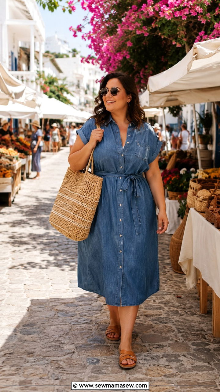 Shirtdress With Flat Sandals and an Oversized Tote - 20 Plus size outfit ideas size 18