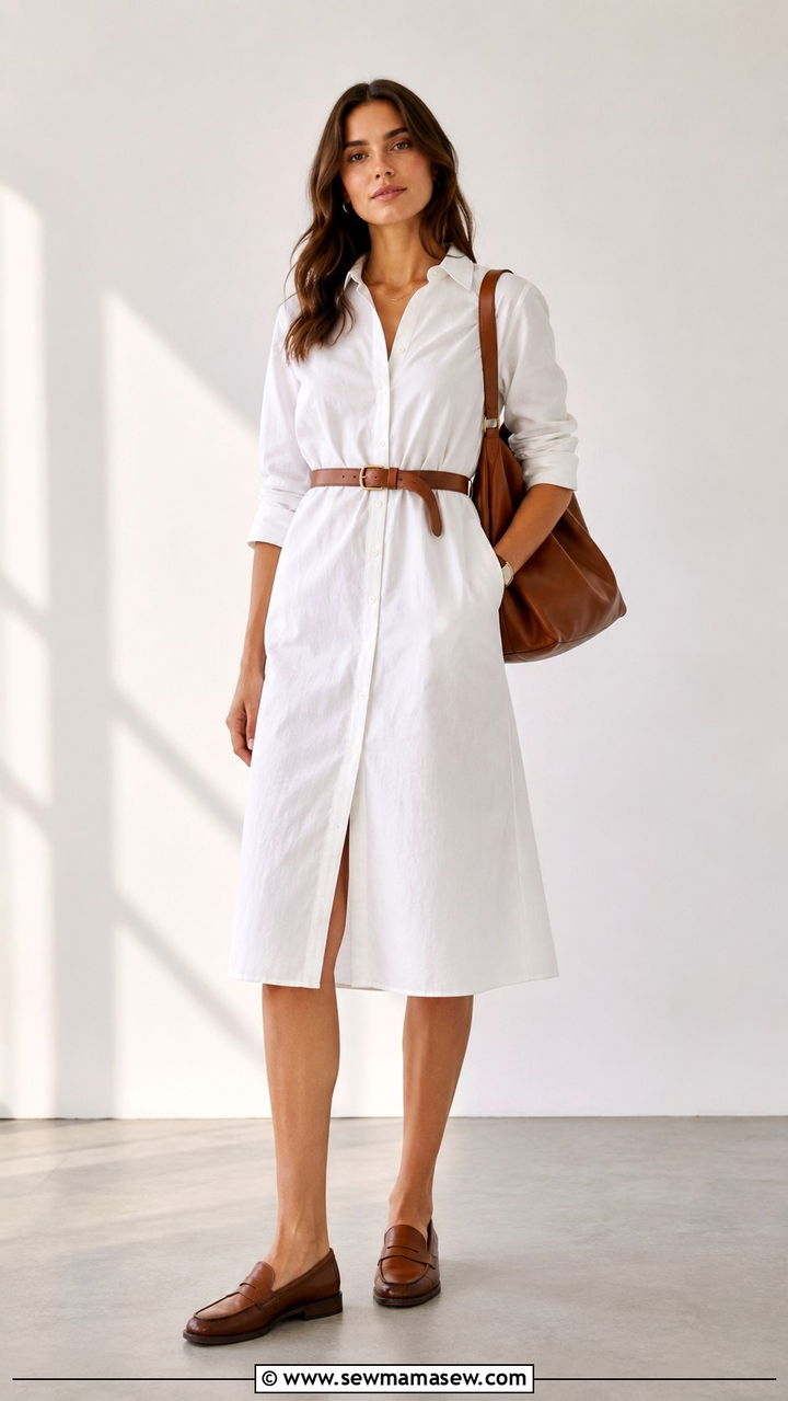 Shirtdress With Leather Belt And Loafers - 30 classy outfits for tall women