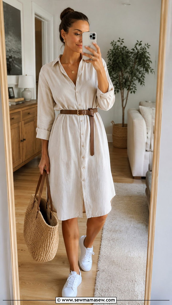 Shirtdress With Leather Belt And Simple Pendant - 30 Spring outfits with jewelry