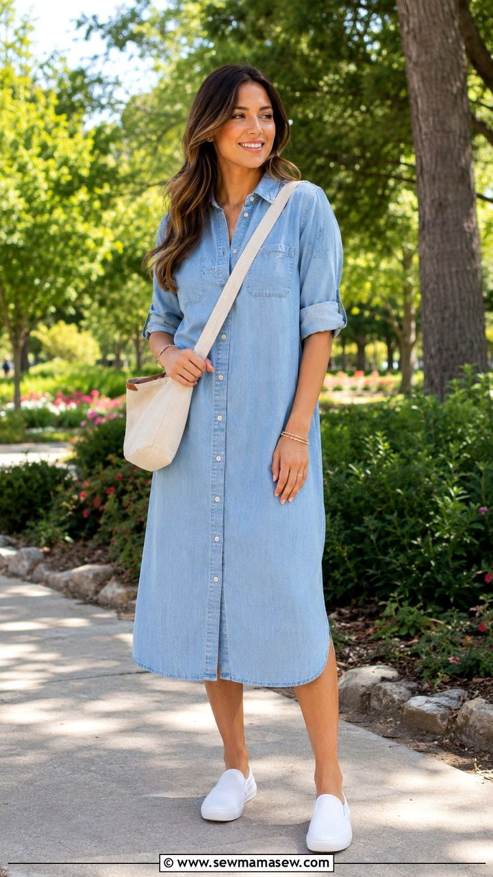 Shirtdress and Slip On Sneakers Postpartum Outfit - 25 Postpartum outfit ideas that fit new body