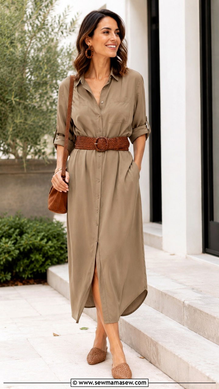 Shirtdress and Woven Belt August Outfit - 35 August outfit ideas