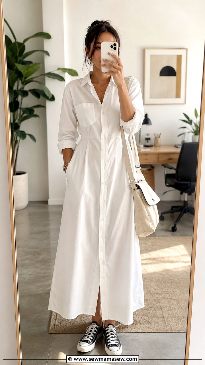 Shirtdress maxi with Converse sneakers - 30 Maxi dress with sneakers outfit ideas