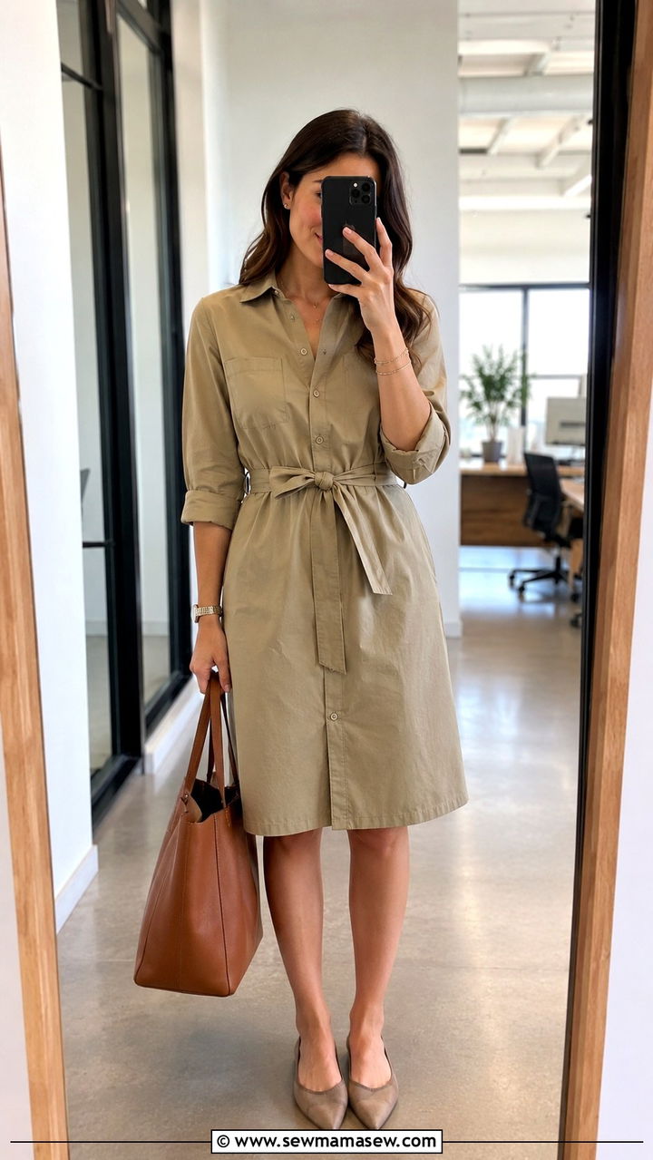 Shirtdress with Belt and Pointed Toe Flats - 25 work outfits inspo