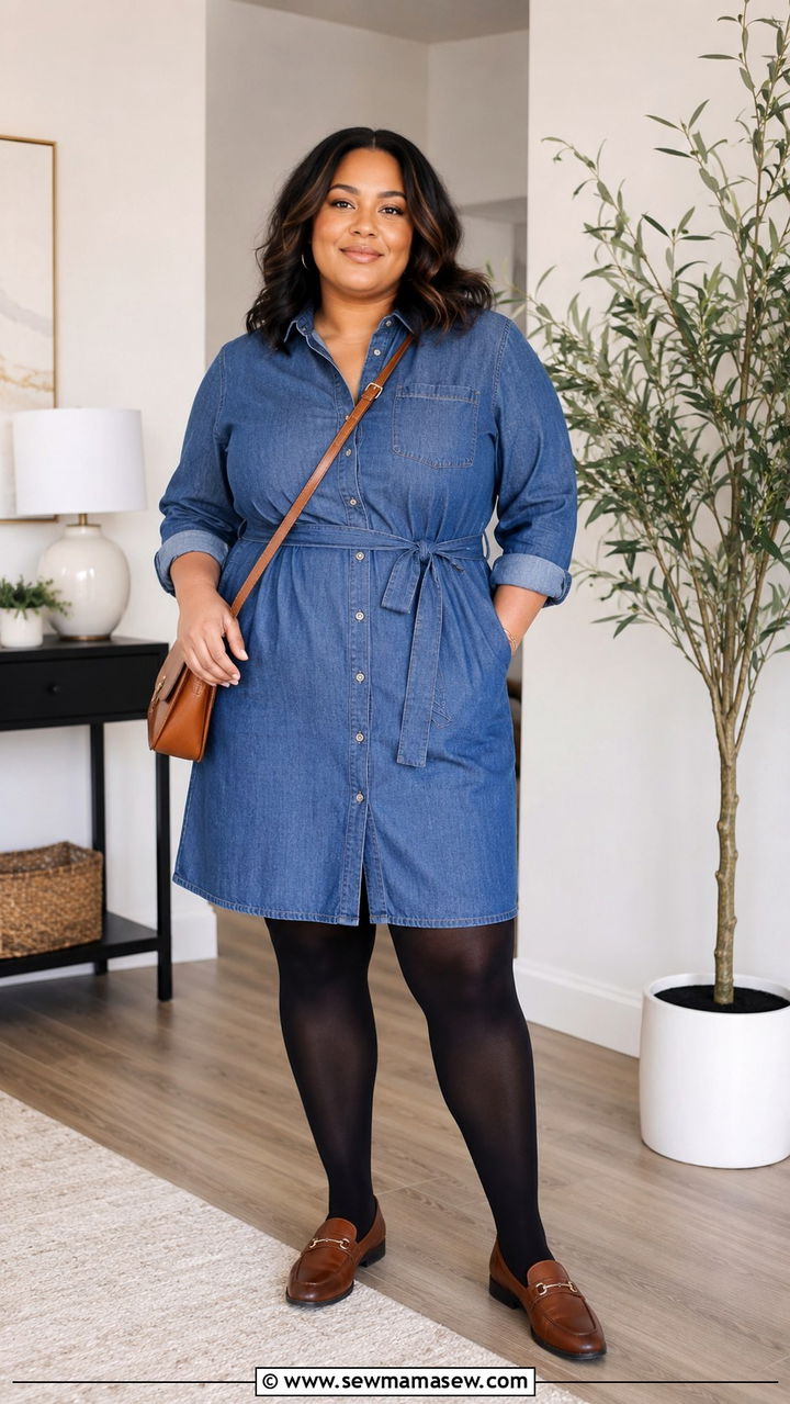 Shirtdress with Tights and Loafers - 30 Office outfit ideas plus size