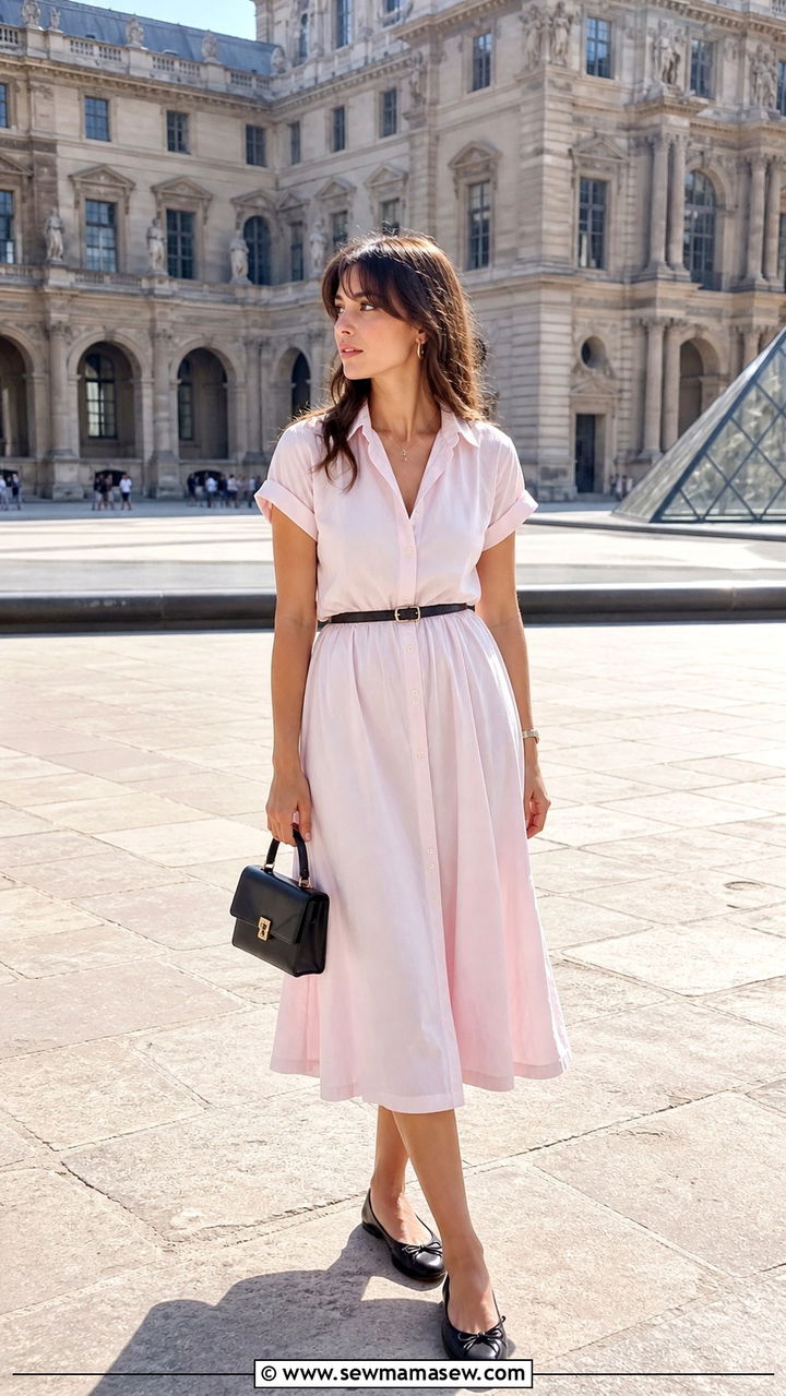 Shirtdress with a Cinched Waist and Ballet Flats - 40 summer french girl outfits