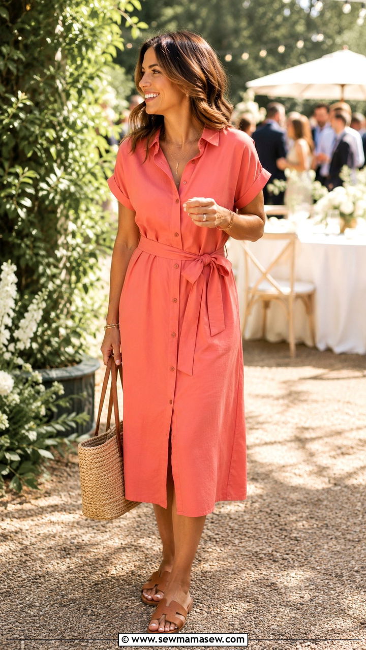Shirtdress with a Woven Bag and Flat Sandals - 30 casual spring wedding guest outfits