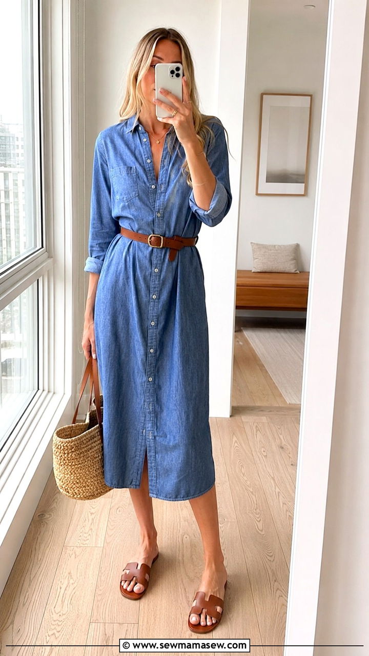 Shirtdress with a belt and flat mules - 30 Tall women spring outfit ideas