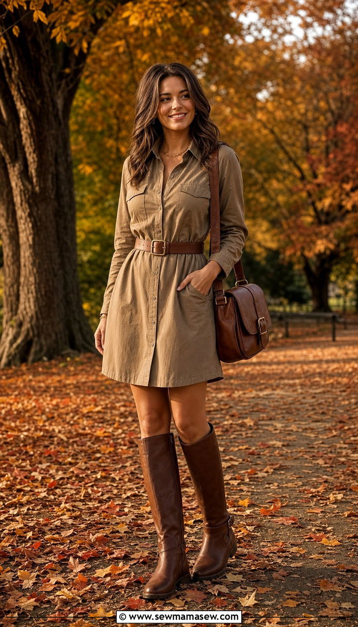 Shirtdress with a wide belt and flat knee high boots - 25 Study abroad outfit ideas