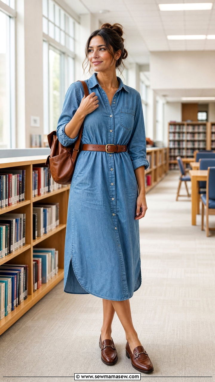 Shirtdress with belt and loafers substitute outfit - 30 Substitute teacher outfit ideas