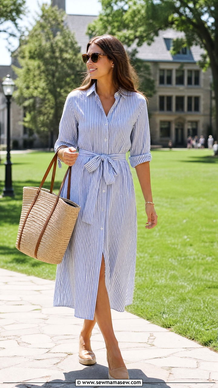 Shirtdress with espadrilles and a woven tote - 25 Old money outfit ideas for college