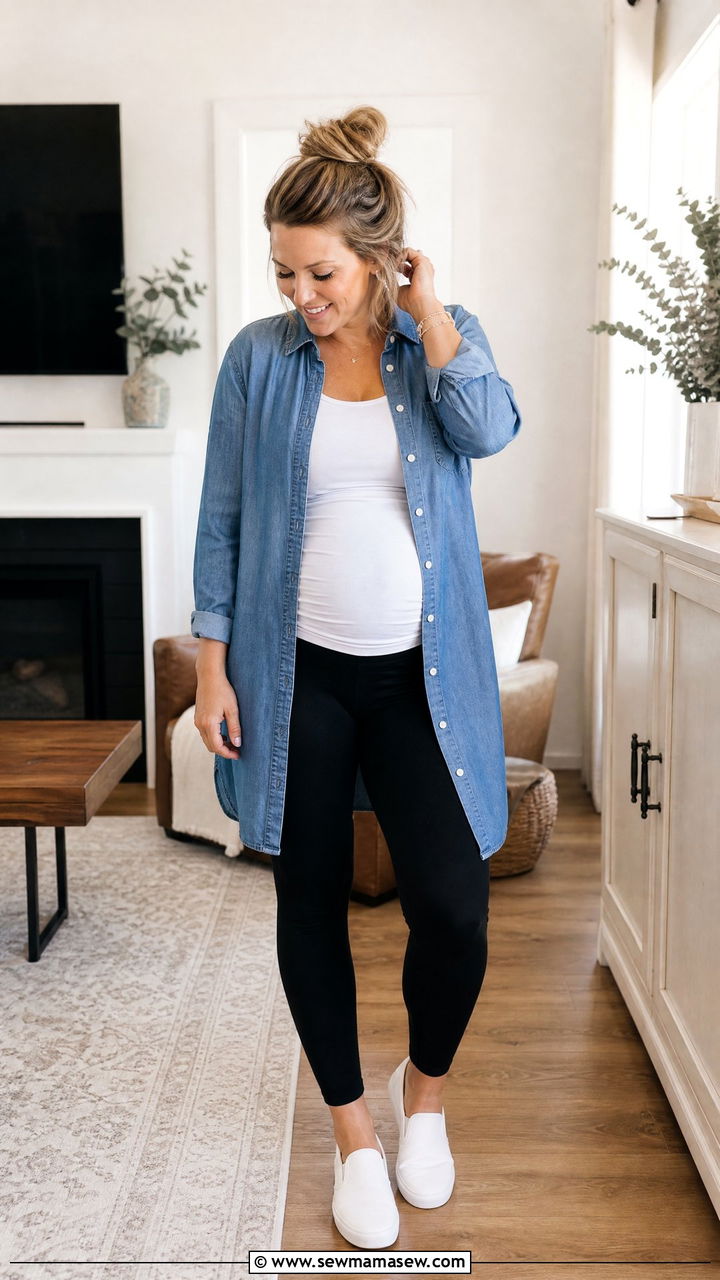 Shirtdress worn open over nursing tank and leggings - 30 summer outfits for postpartum women