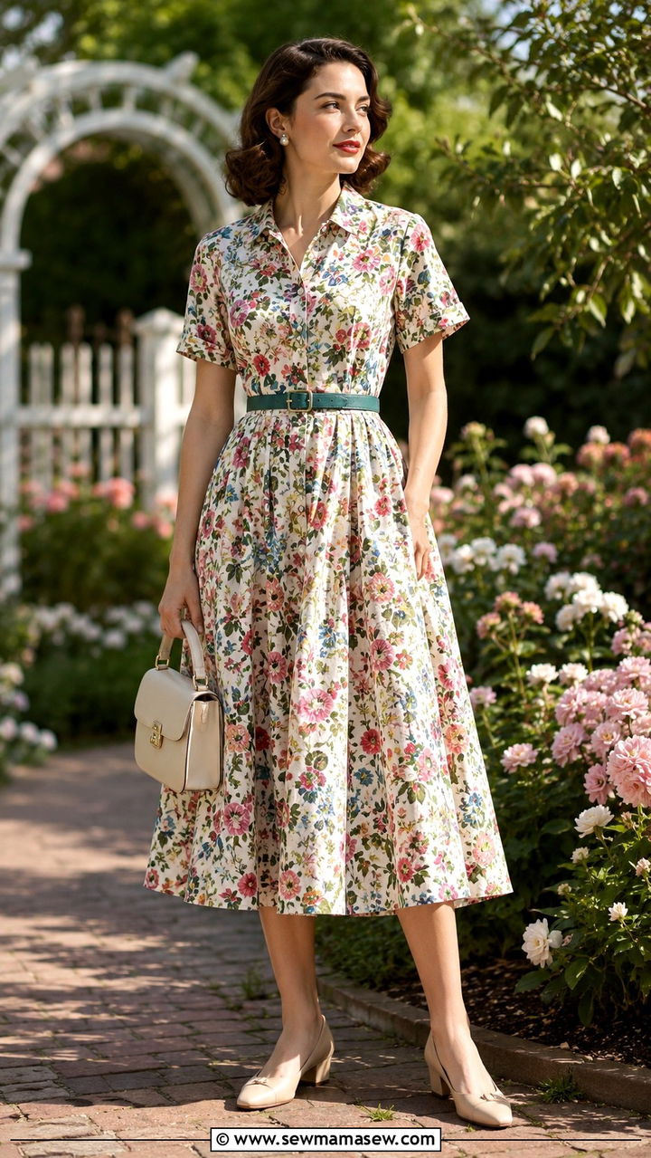 Shirtwaist Dress With Belt And Low Heels - 30 spring vintage outfit ideas