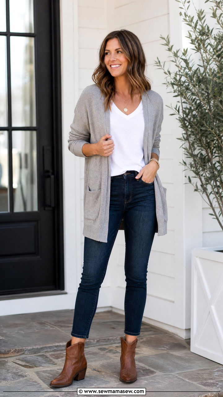 Short Cowboy Boots With Ankle Jeans and Lightweight Cardigan - 30 Cowboy boots outfit ideas with jeans