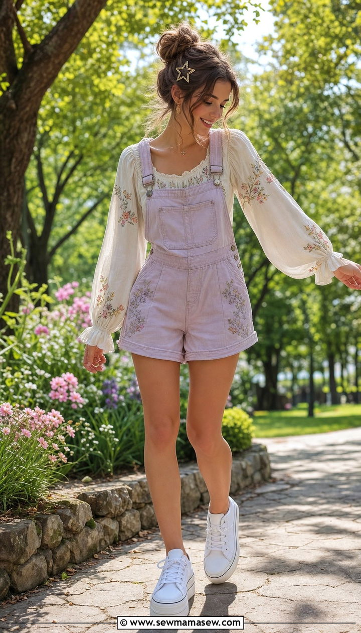 Short Dungarees Over Embroidered Blouse With Platform Sneakers - 25 summer fairycore outfit ideas
