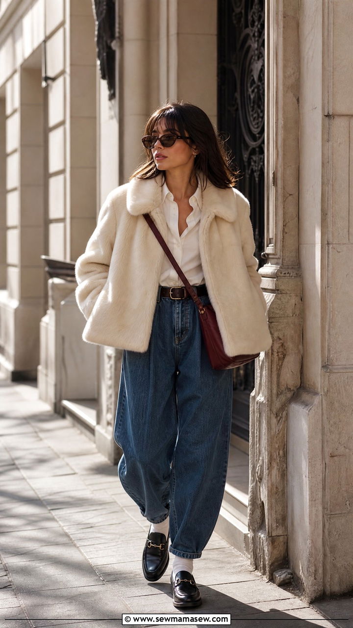 Short Faux Fur Coat With Balloon Jeans and Loafers - 30 Faux fur coat outfit ideas