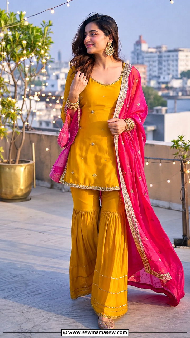 Short Kurti And Sharara Pants With Contrast Dupatta - 20 Wedding guest outfit ideas Haldi ceremony