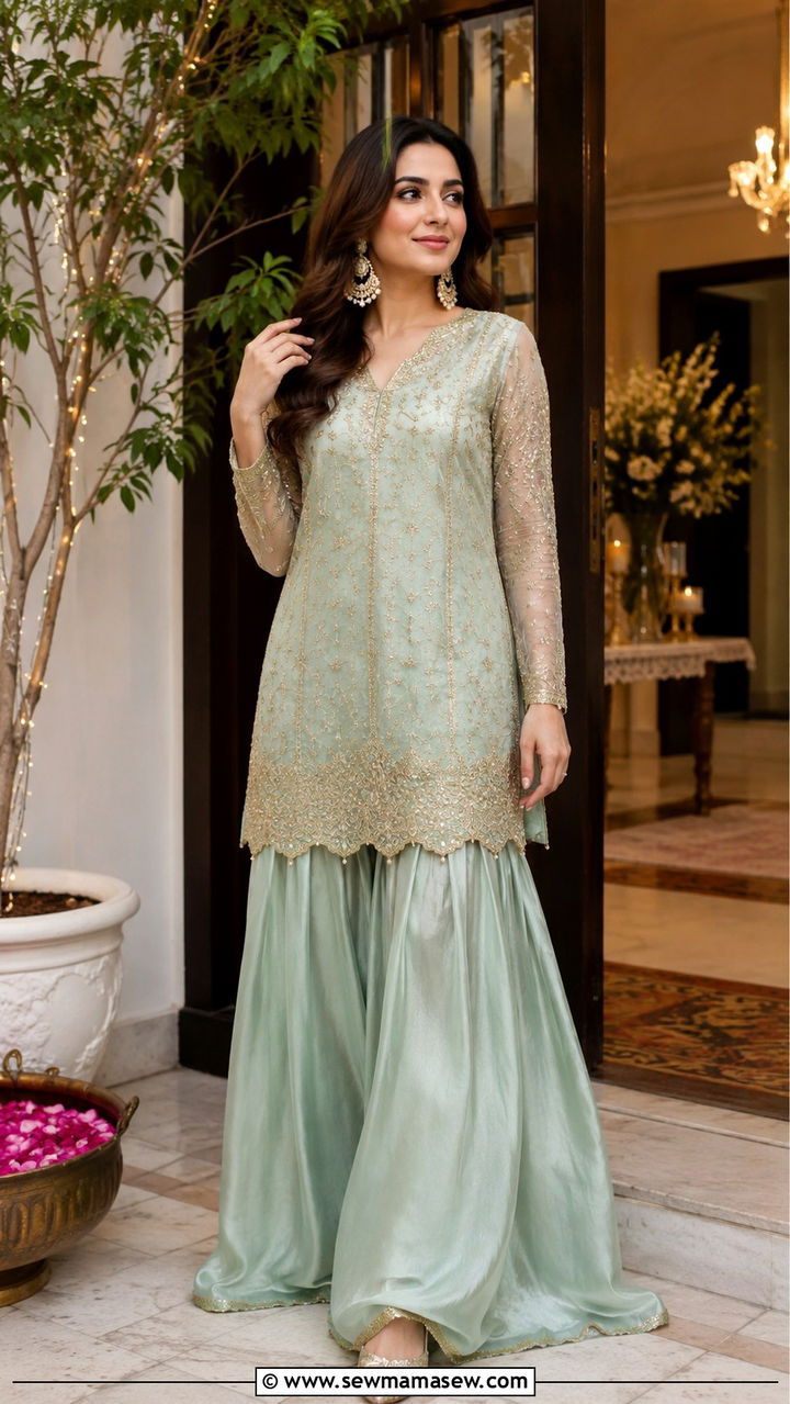 Short Kurti with Farshi Shalwar - 30 Karachi outfit ideas