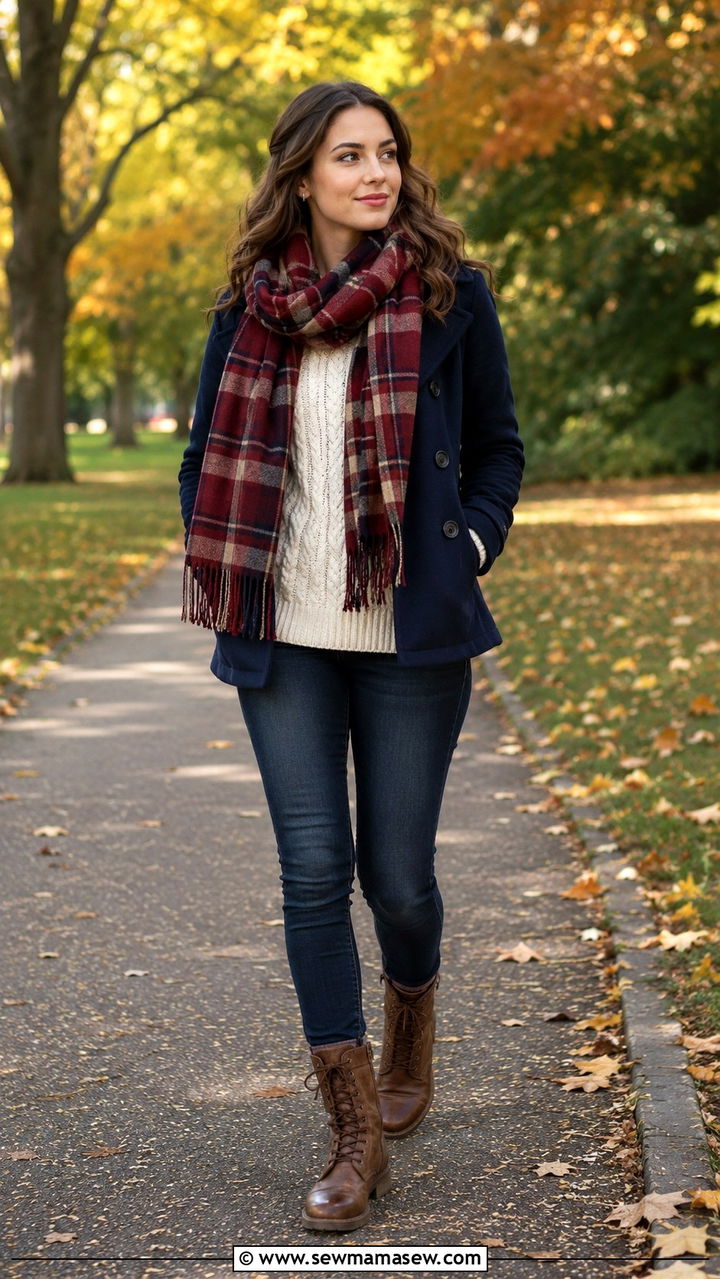 Short Pea Coat With Plaid Scarf And Ankle Jeans - 30 Short coat outfit ideas