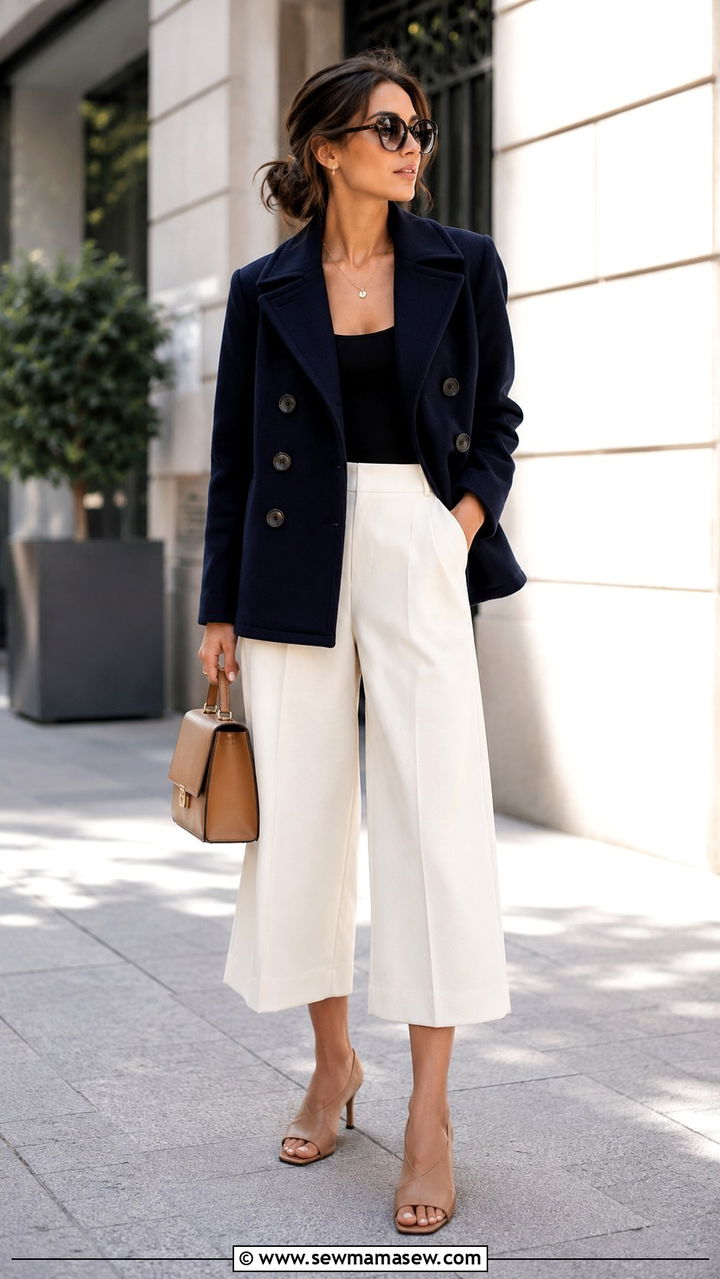 Short Pea Coat With Tailored Bermuda Shorts - 20 Summer outfits with pea coat