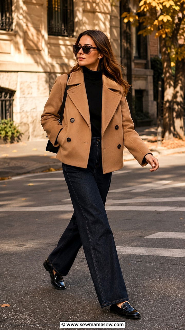 Short Pea Coat With Wide Leg Jeans And Loafers - 30 Short coat outfit ideas