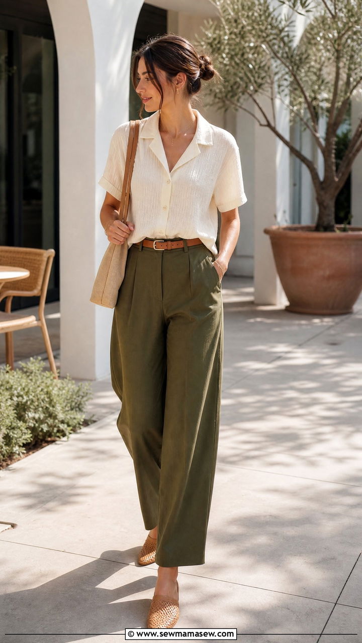 Short Sleeve Blouse and Olive Wide Leg Trousers - 30 Modest outfit ideas clean girl