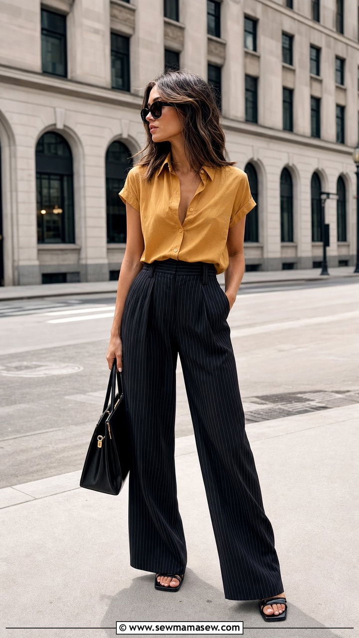 Short Sleeve Button Down with High Waist Wide Leg Pants - 25 summer button down shirt outfit ideas