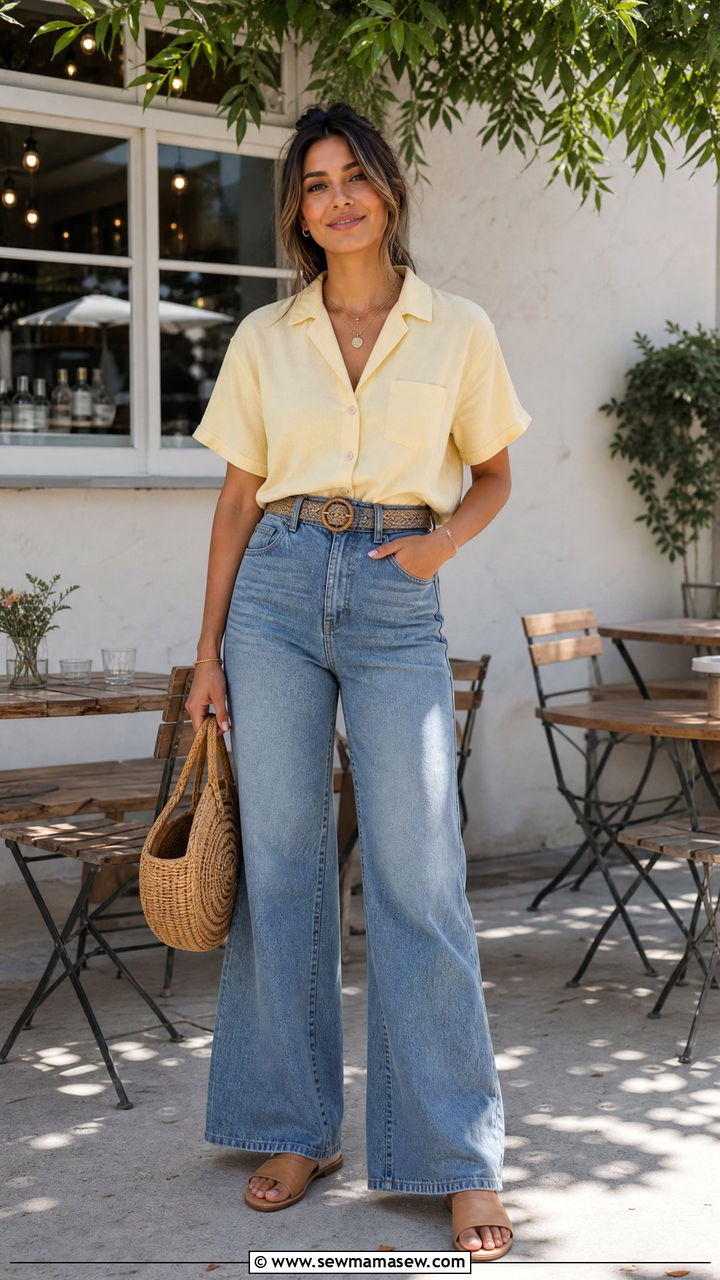 Short Sleeve Button Down with High Waisted Jeans for Summer - 30 High waisted jeans outfit ideas with a button down