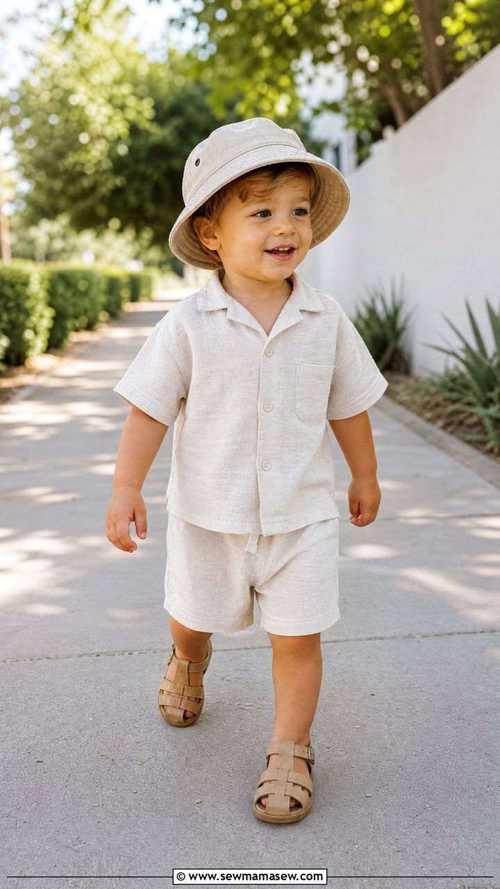 Short Sleeve Button Down with Linen Shorts and Fisherman Sandals - 25 First day of preschool outfit ideas