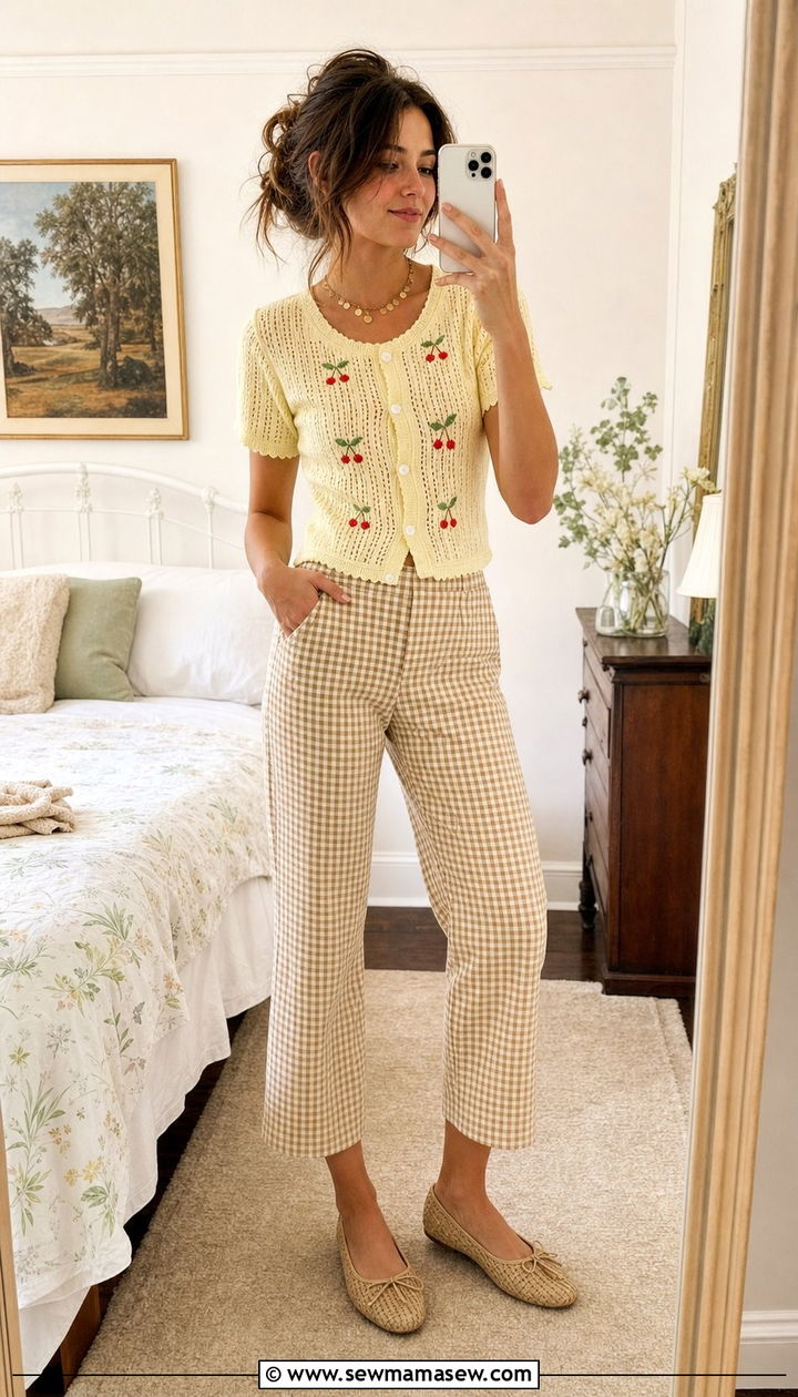 Short Sleeve Cardigan And Gingham Trousers - 25 Summer cottagecore outfits 2026