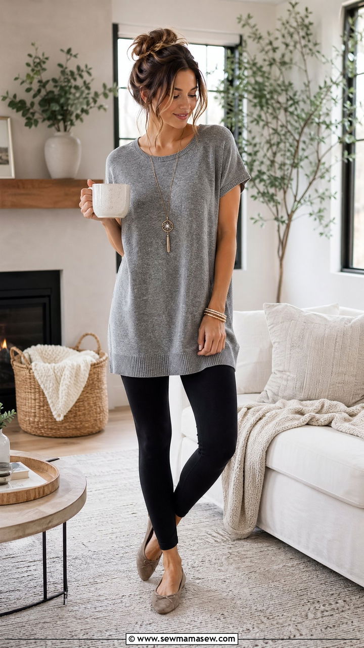 Short Sleeve Knit Tunic and Slim Leggings - 35 Elegant loungewear outfit ideas