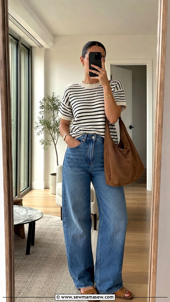 Short Sleeve Knit With Barrel Leg Jeans And Suede Tote - 30 Mild weather outfit ideas