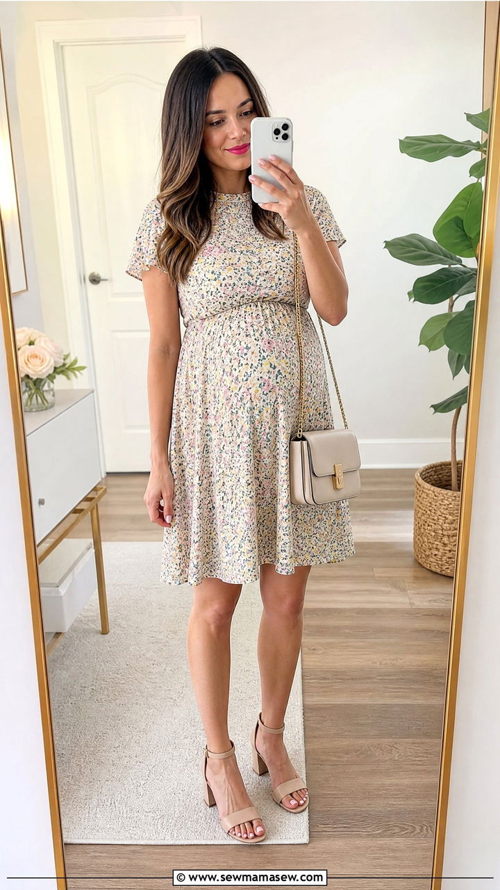 Short Sleeve Maternity Fit and Flare Dress - 35 Maternity wedding guest outfits