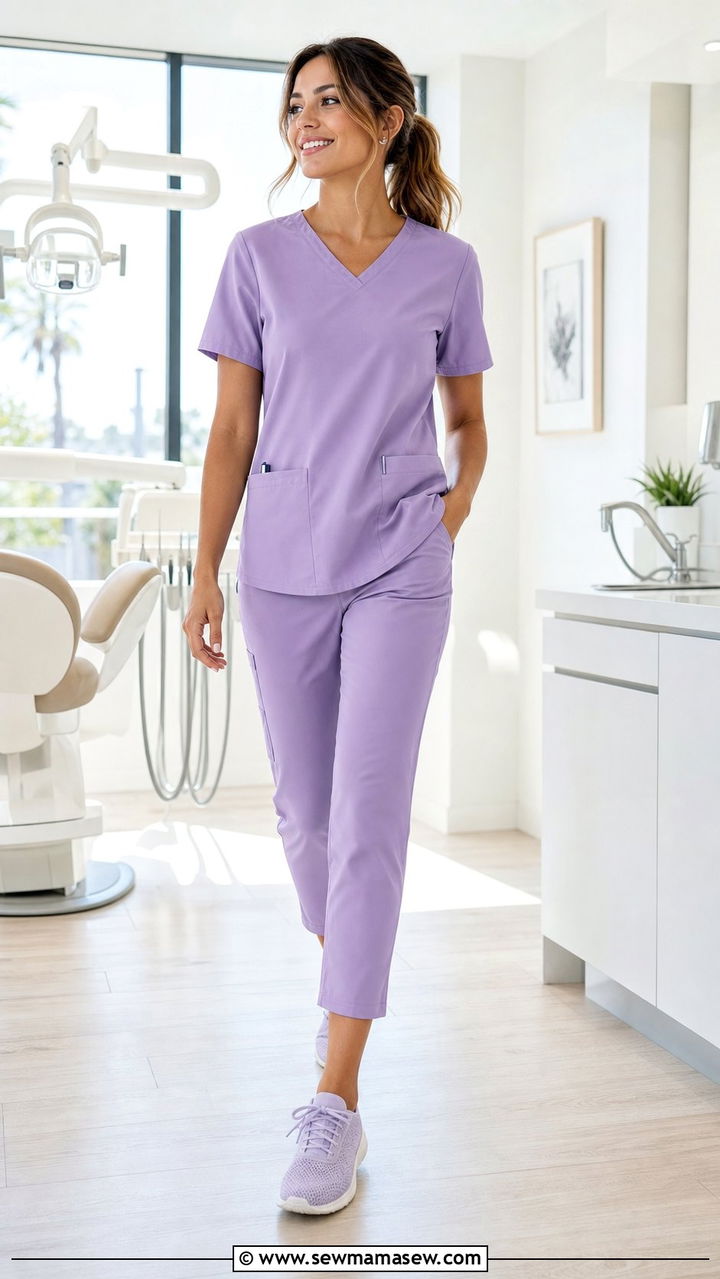 Short Sleeve Pastel Scrub Top With Lightweight Cropped Pants - 25 Dental assistant outfit ideas