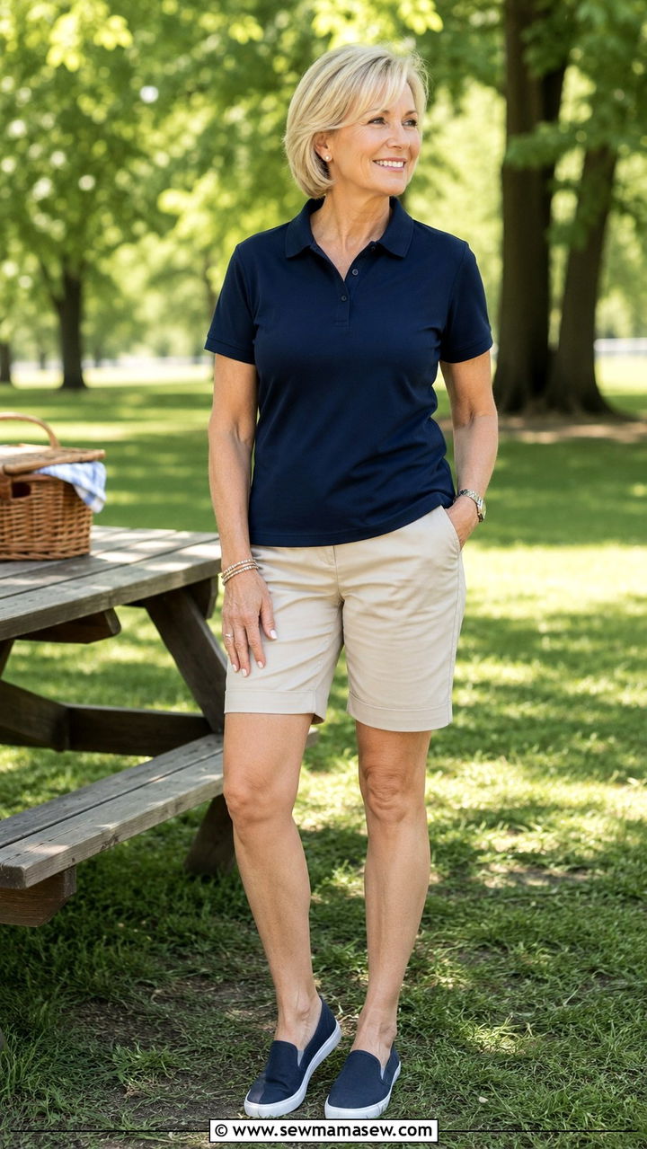 Short Sleeve Polo Shirt With Bermuda Shorts - 30 Picnic outfits for women over 50