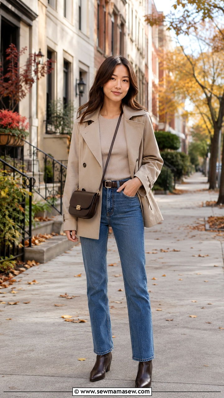 Short Trench Coat With Fitted Knit And Straight Jeans - 25 Petite clean girl outfit ideas