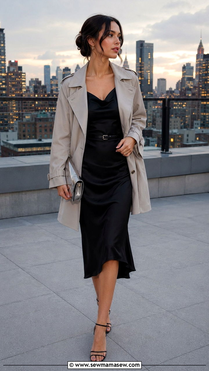 Short Trench Coat With Slip Dress And Heels - 30 Short coat outfit ideas
