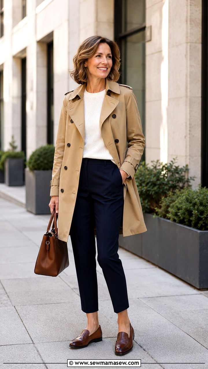 Short Trench Coat with Cropped Pants and Loafers - 30 trench coat outfits for women over 40