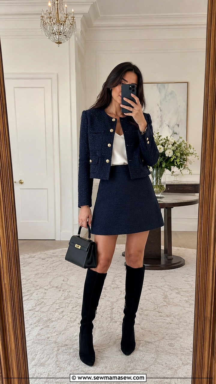 Short Tweed Jacket With A Line Mini Skirt - 30 Short coat outfit ideas