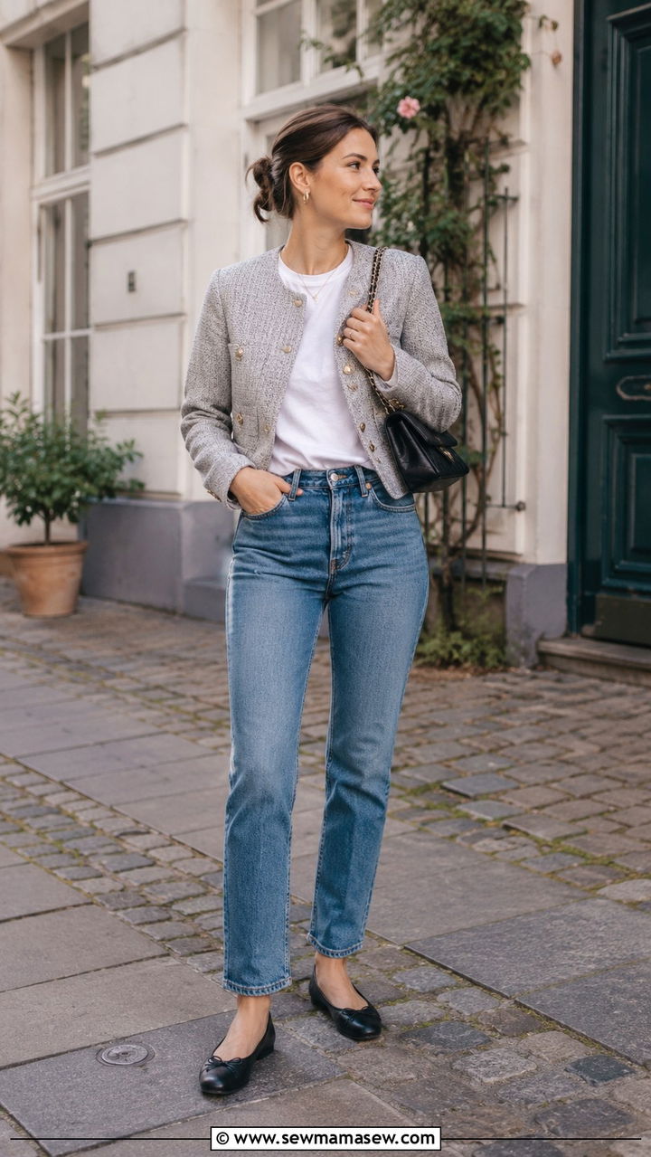 Short Tweed Jacket With Jeans And Ballet Flats - 30 Short coat outfit ideas