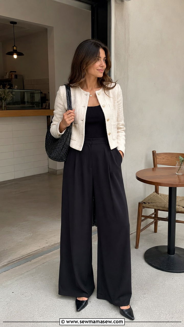 Short Tweed Jacket With Wide Leg Pants - 30 Short coat outfit ideas