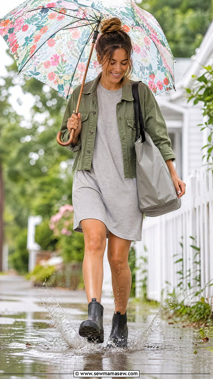 Short Wellies with T Shirt Dress - 30 summer rainy day outfit ideas