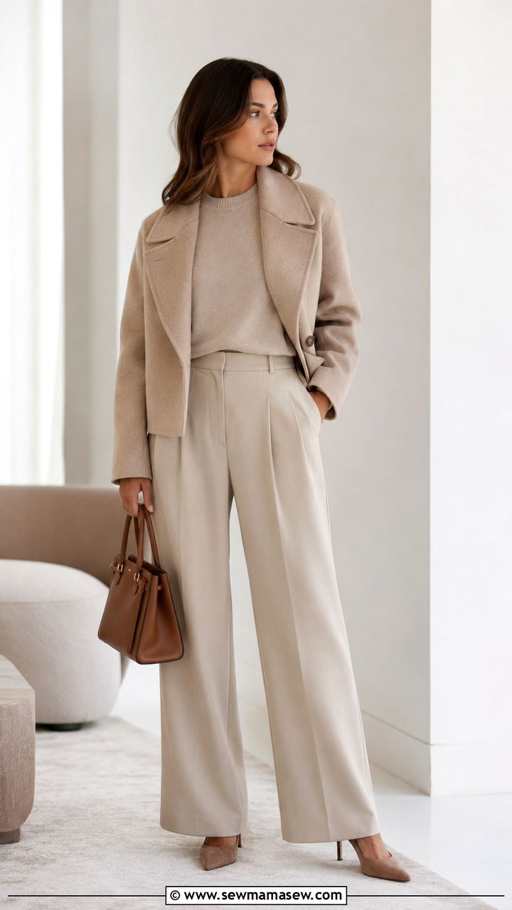 Short Wool Coat With Monochrome Beige Outfit - 30 Short coat outfit ideas