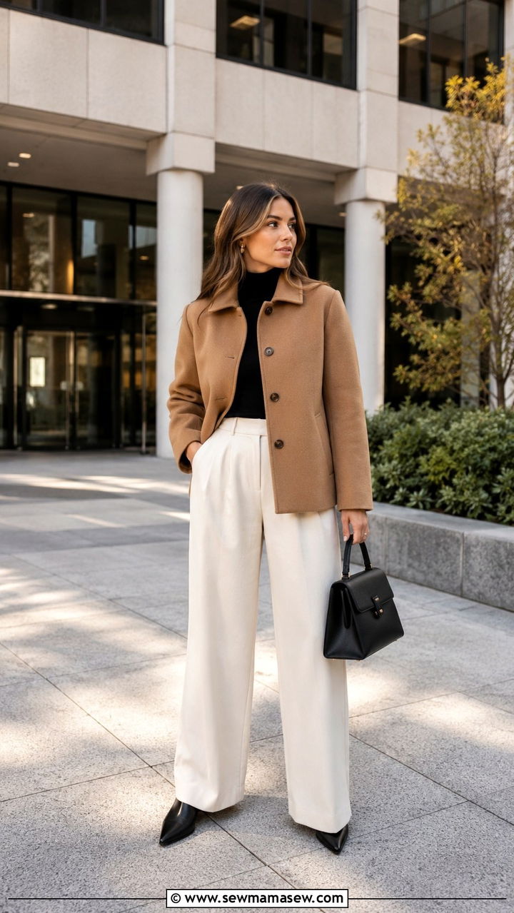 Short Wool Coat With Turtleneck And Wide Leg Trousers - 30 Short coat outfit ideas
