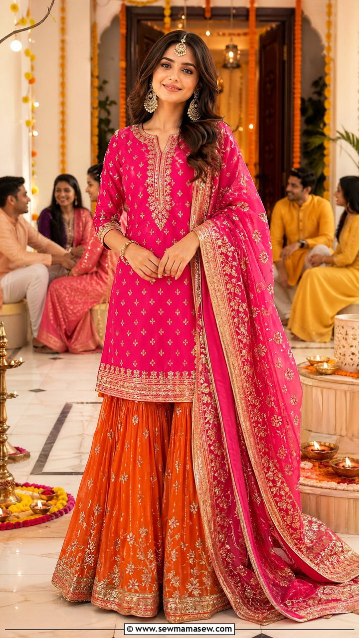 Short kurta with sharara pants and heavy dupatta - 35 Diwali party outfit ideas