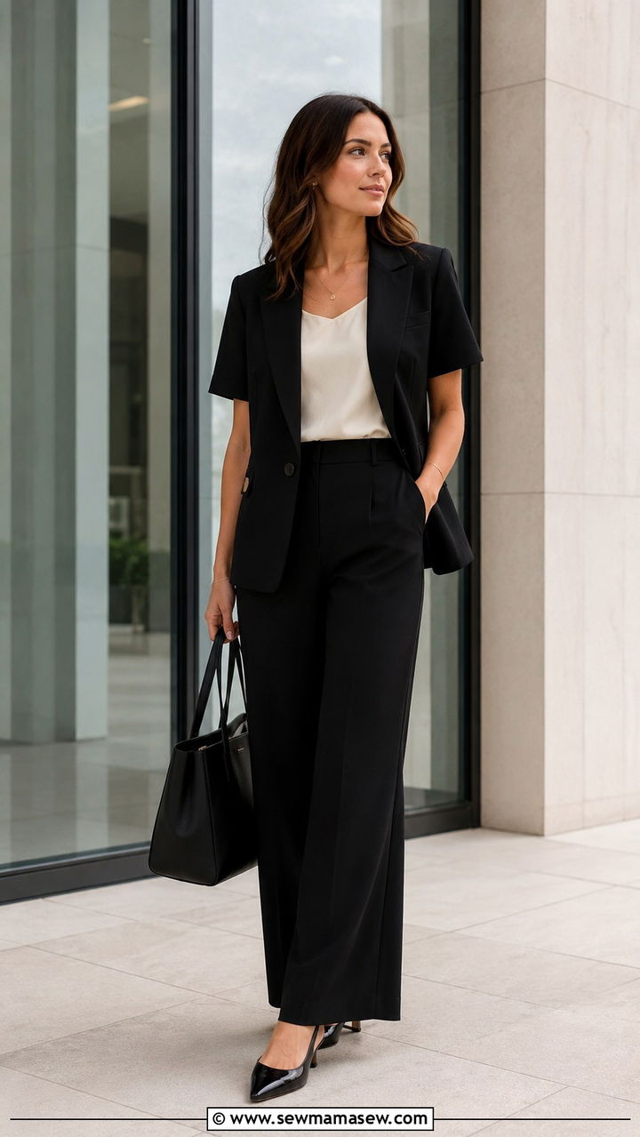 Short sleeve black blazer with a sleeveless shell and slingback pumps - 25 Wide leg black pants outfit ideas with a blazer