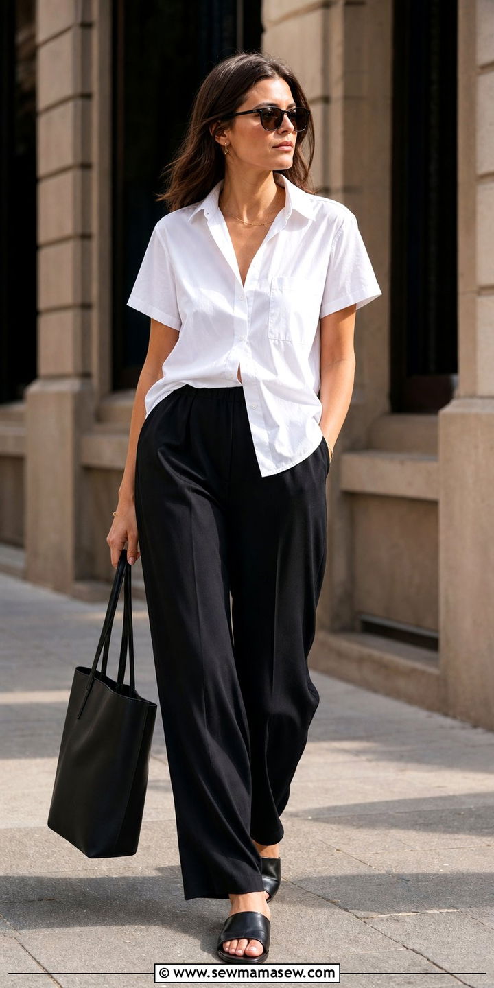 Short sleeve button shirt with black flowing trousers - 35 Business casual outfits for summer heat