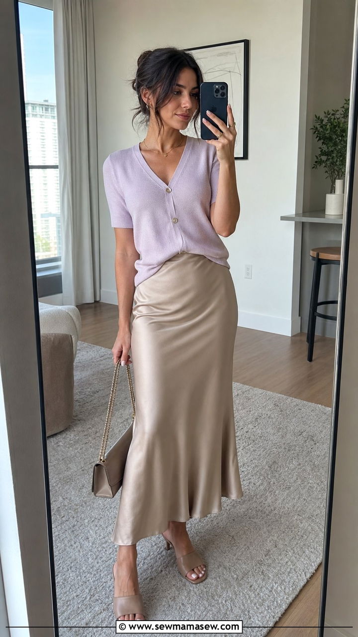 Short sleeve cardigan and slip skirt spring look - 25 Cute spring outfit ideas 2026