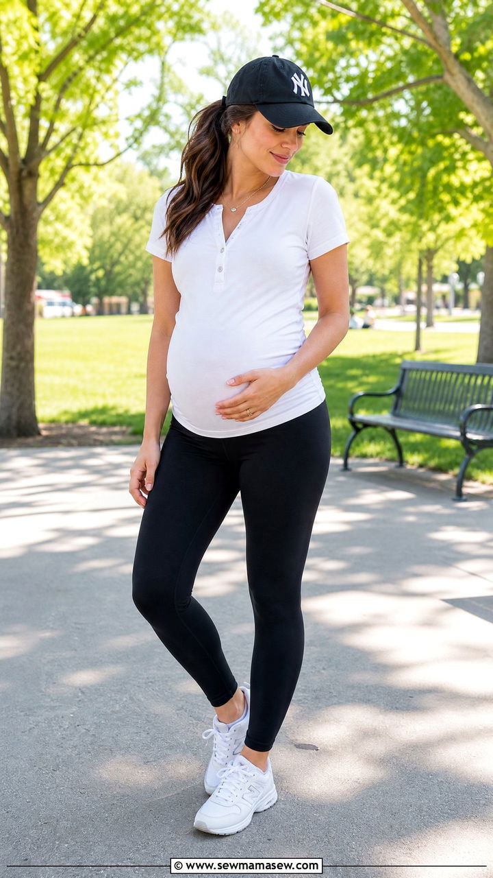 Short sleeve henley and maternity leggings with baseball cap and sneakers - 30 summer outfits for postpartum women