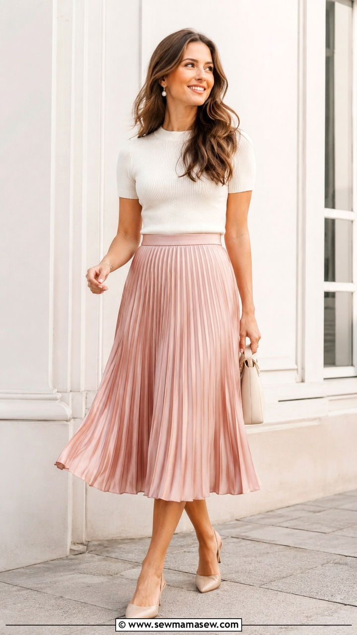Short sleeve knit top with satin pleated midi skirt - 30 Spring outfit ideas for work from home